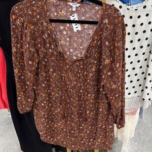 Sonoma Brown Floral Peasant Blouse with Mustard Accents
